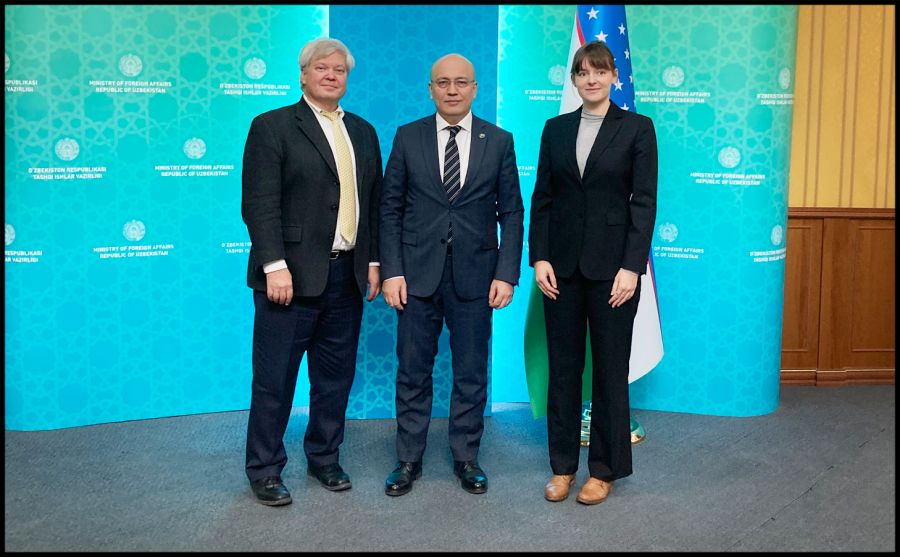 From the left: Dean Dr. Roger Kangas, Deputy Minister of Foreign Affairs of the Republic of Uzbekistan Furkat Siddikov, and Research Assistant Michelle Hanssen.